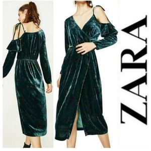 Zara Trafaluc Dark Teal Floral Velvet Cold Shoulder Dress